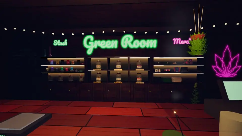 The neon Green Room sign above a shop counter