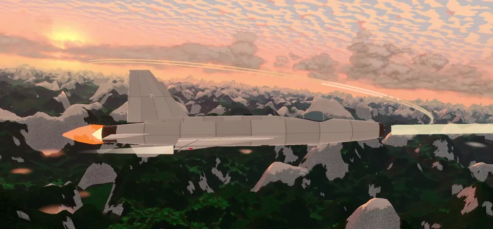 A jet on afterburner at sunset above snow-capped mountains
